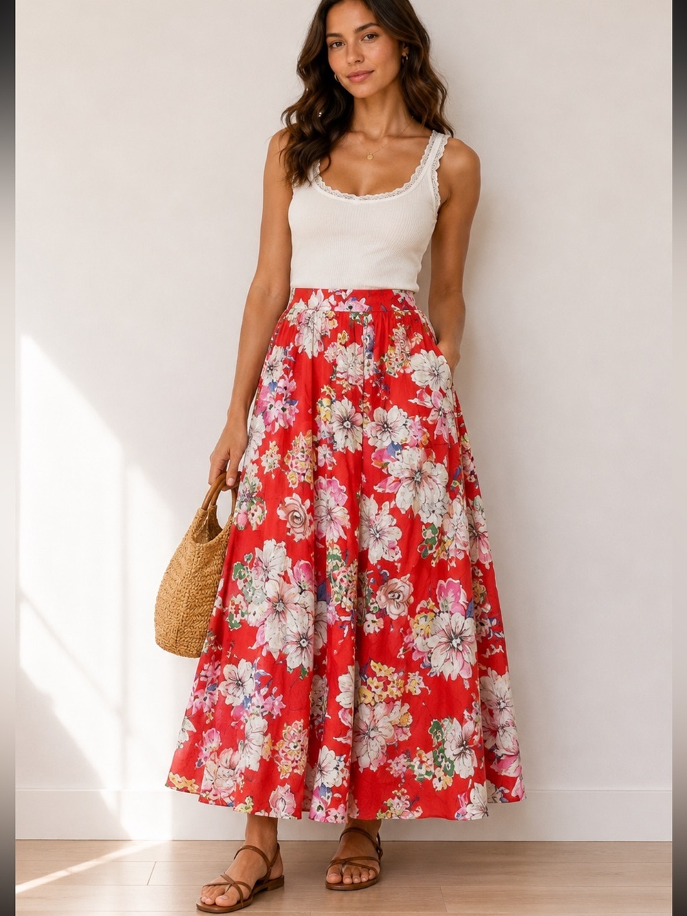 IF BY SEA Floral Red maxi high waisted Skirt size medium